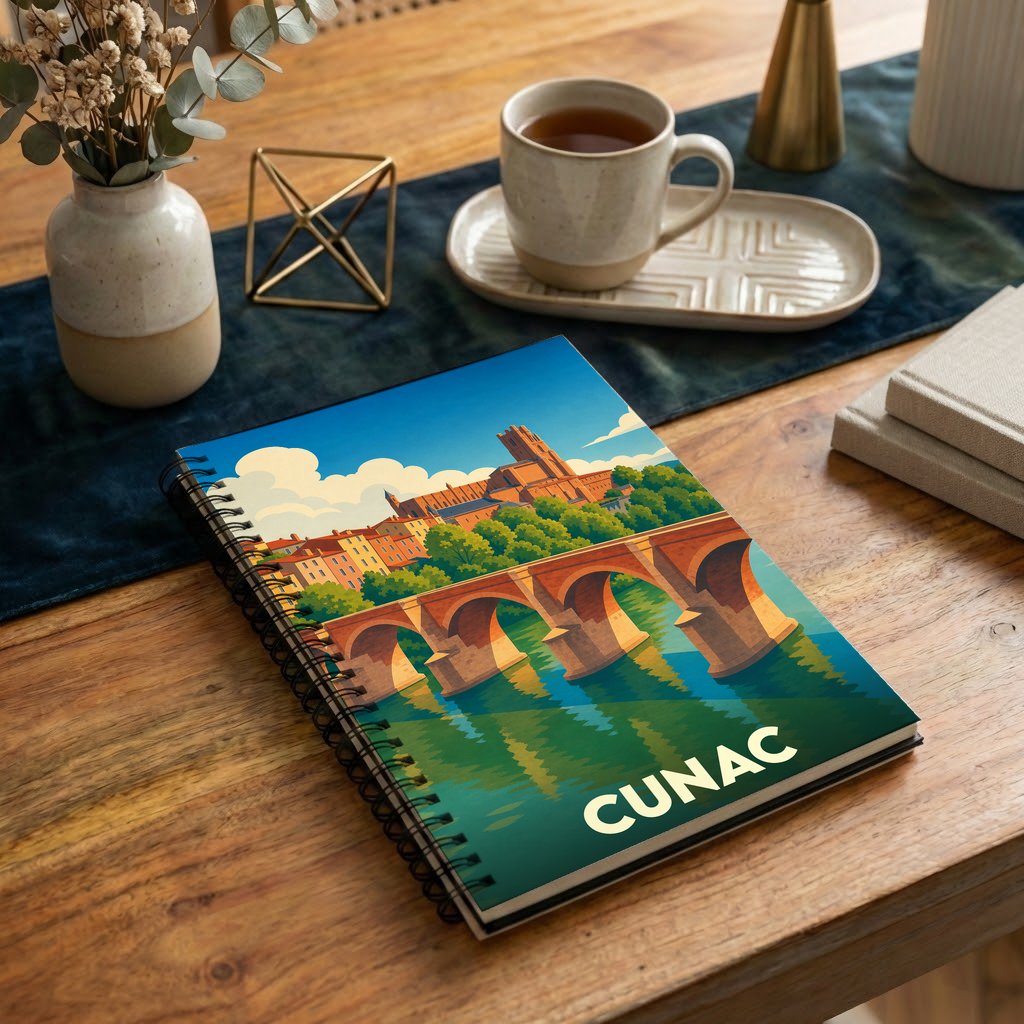 Carnet à spirale souvenir de la ville de Cunac avec une illustration stylisée d'un pont et d'une cathédrale.