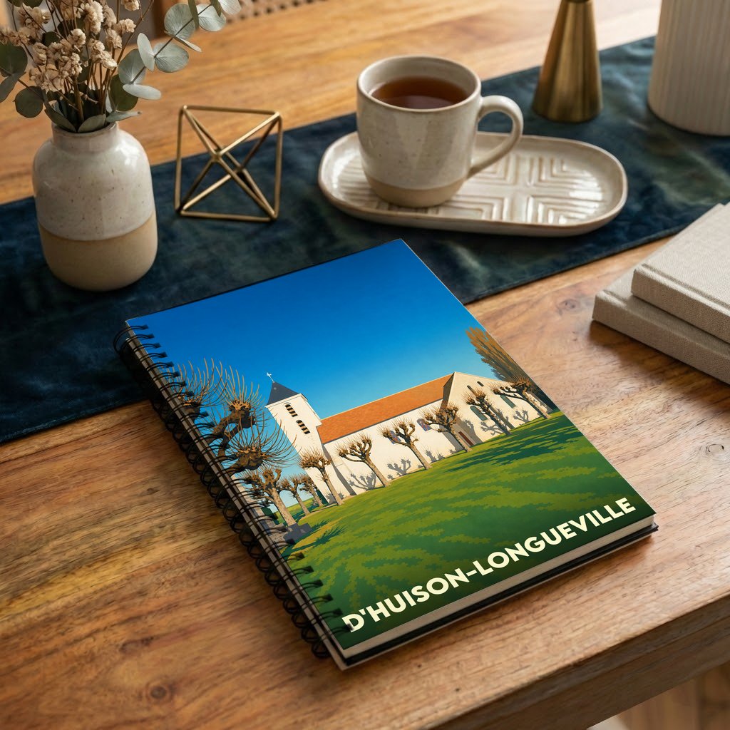 Carnet à spirales souvenir de la ville de D'Huison-Longueville avec une illustration stylisée de son église.