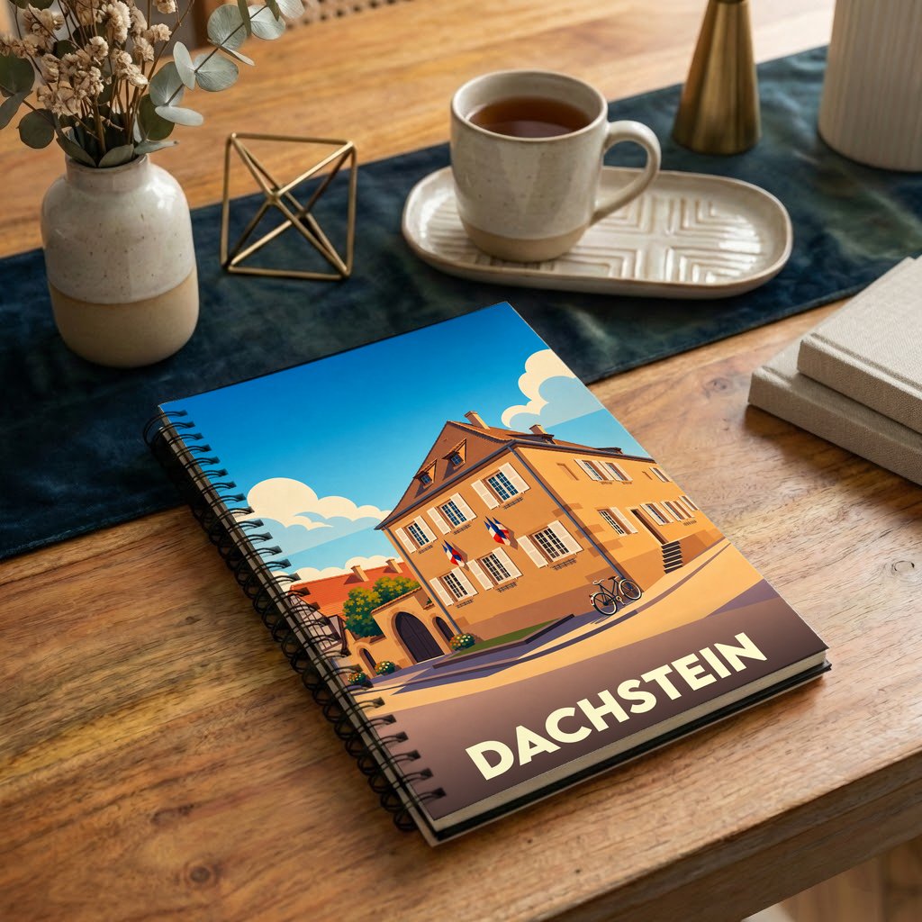 Carnet de notes à spirales souvenir de la ville de Dachstein avec une illustration stylisée.