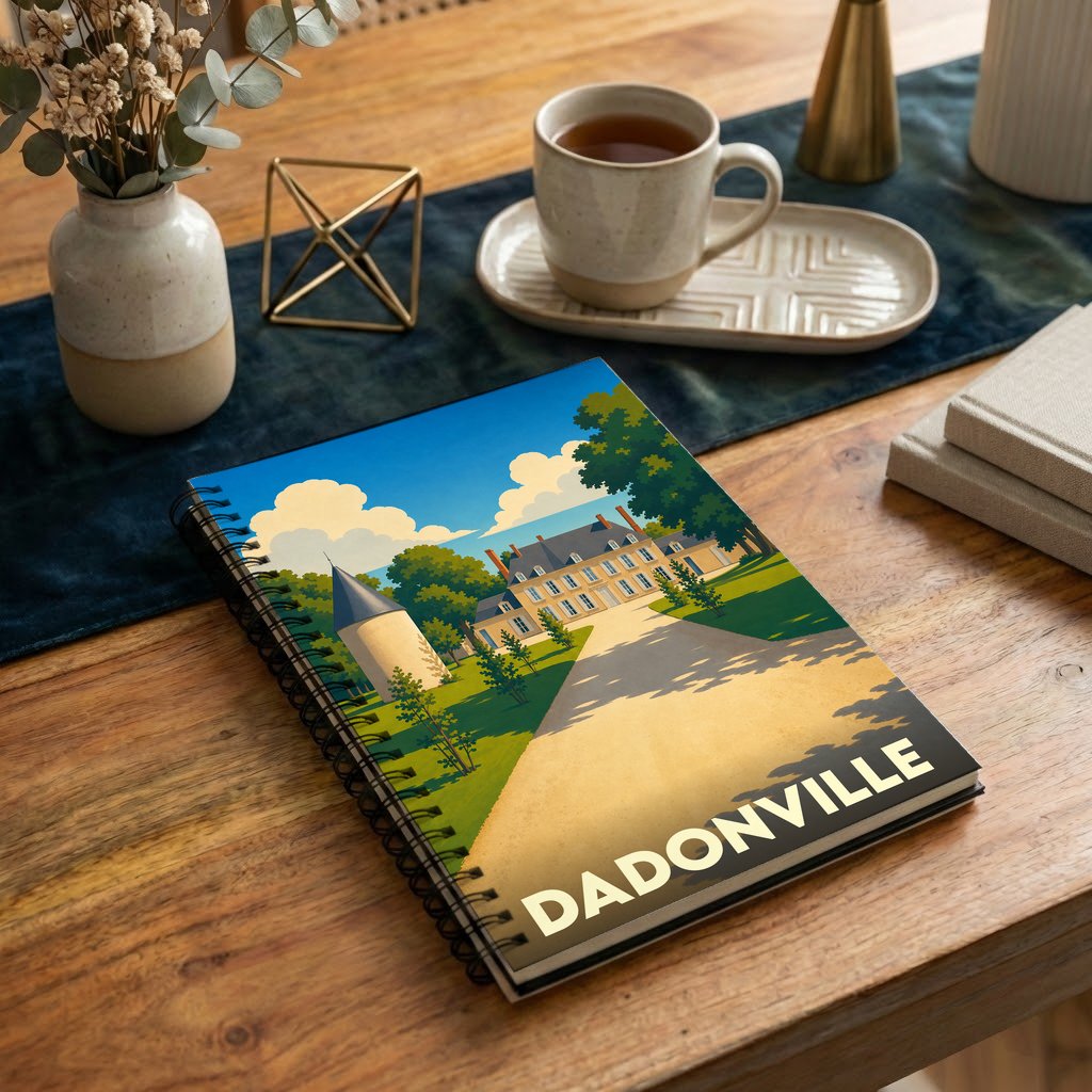Carnet souvenir de la ville de Dadonville avec une illustration stylisée d'un domaine.