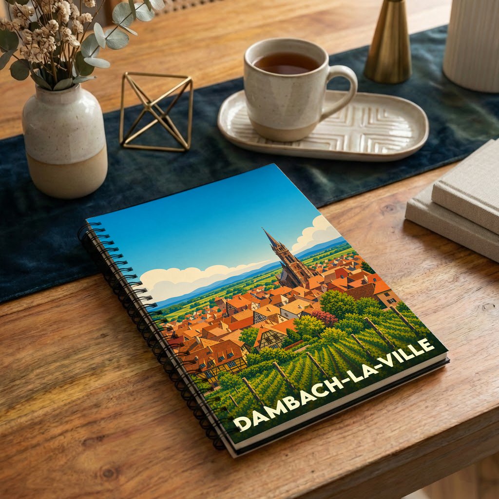 Carnet à spirales souvenir de Dambach-la-Ville illustré d'une vue stylisée du village et de ses vignobles.
