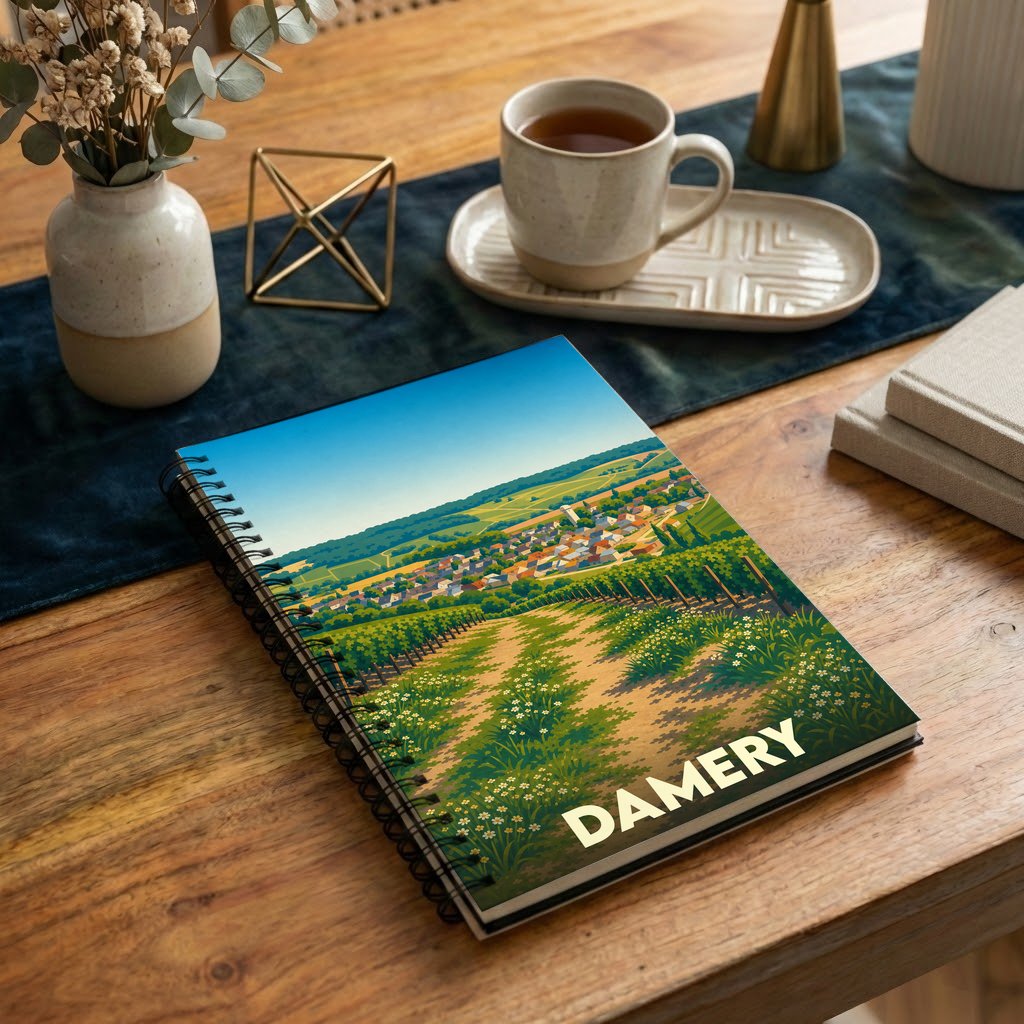Carnet souvenir de la ville de Damery avec une illustration stylisée d'un paysage de vignobles.