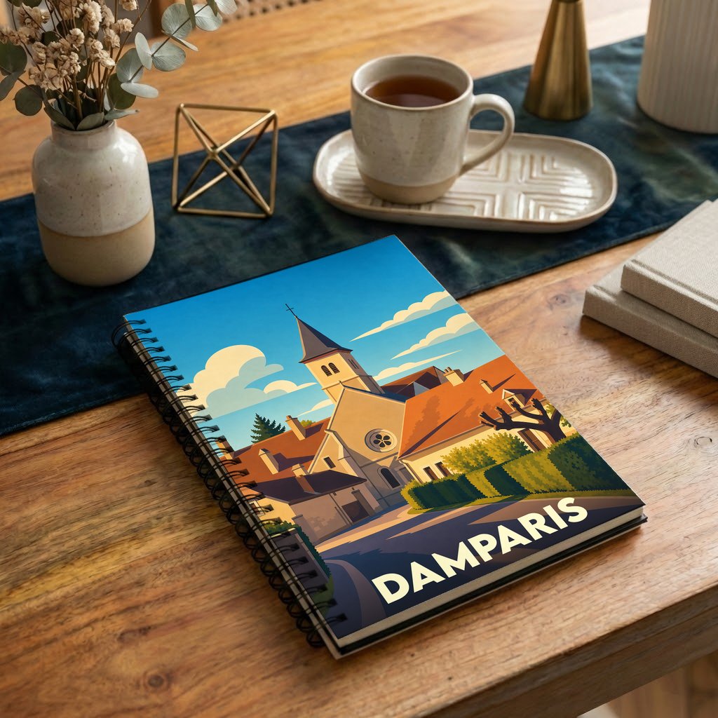 Carnet de notes souvenir de la ville de Damparis avec une illustration stylisée de son église et de ses toits.