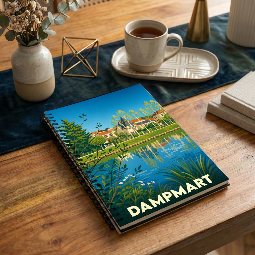 Carnet souvenir de la ville de Dampmart illustré d'un paysage de bord de Marne stylisé.