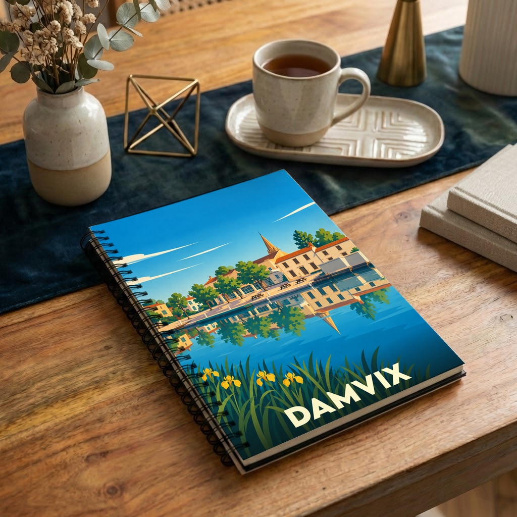 Carnet souvenir de la ville de Damvix avec une illustration stylisée d'un paysage au bord de l'eau.