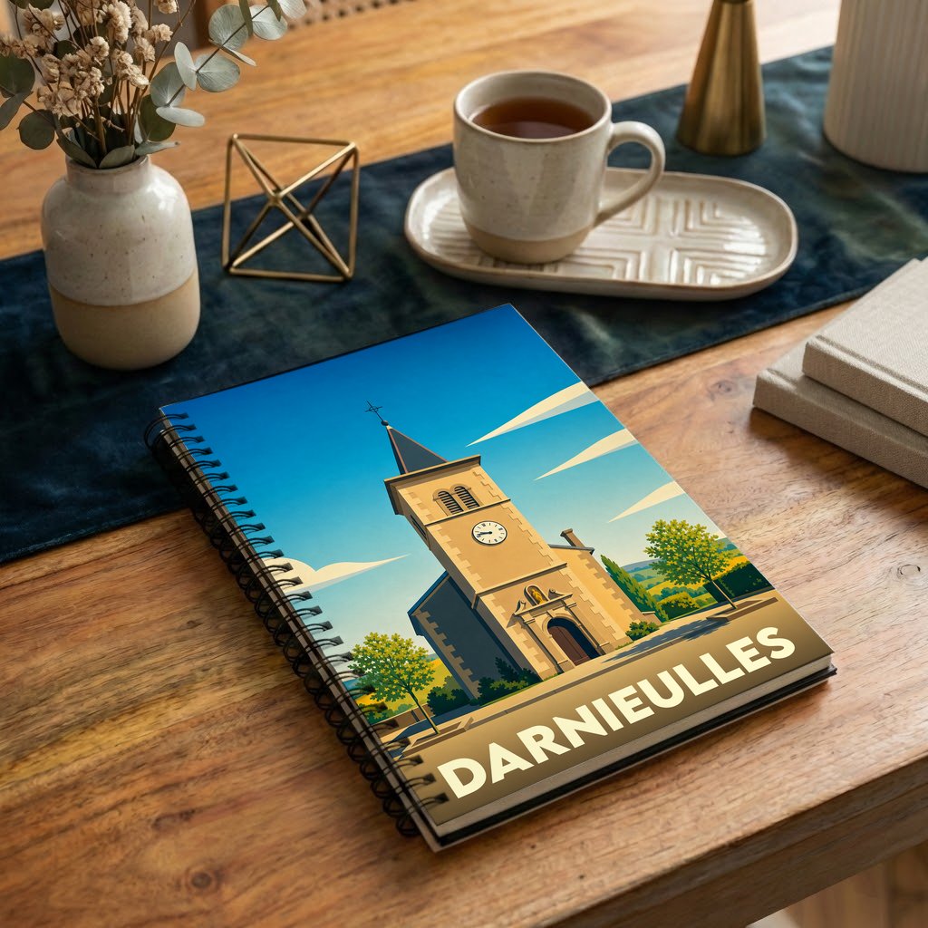 Carnet de notes souvenir de la ville de Darnieulles avec une illustration stylisée de son église.