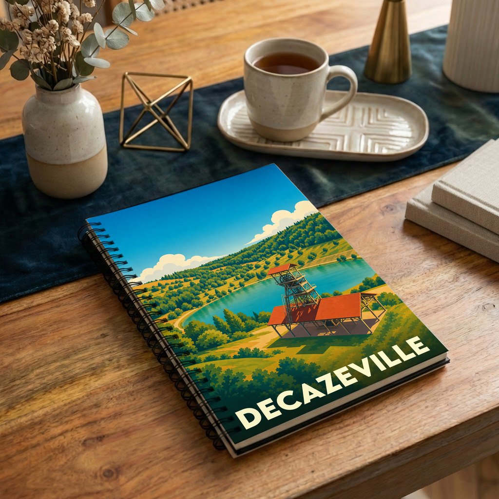 Carnet à spirales souvenir de la ville de Decazeville avec une illustration stylisée d'un chevalement de mine.