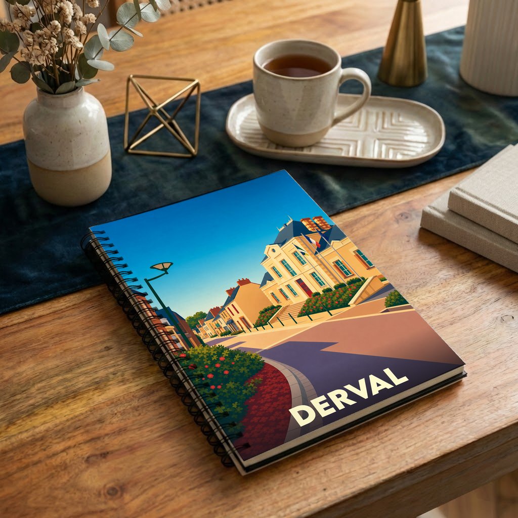 Carnet de notes souvenir de la ville de Derval avec une illustration stylisée.