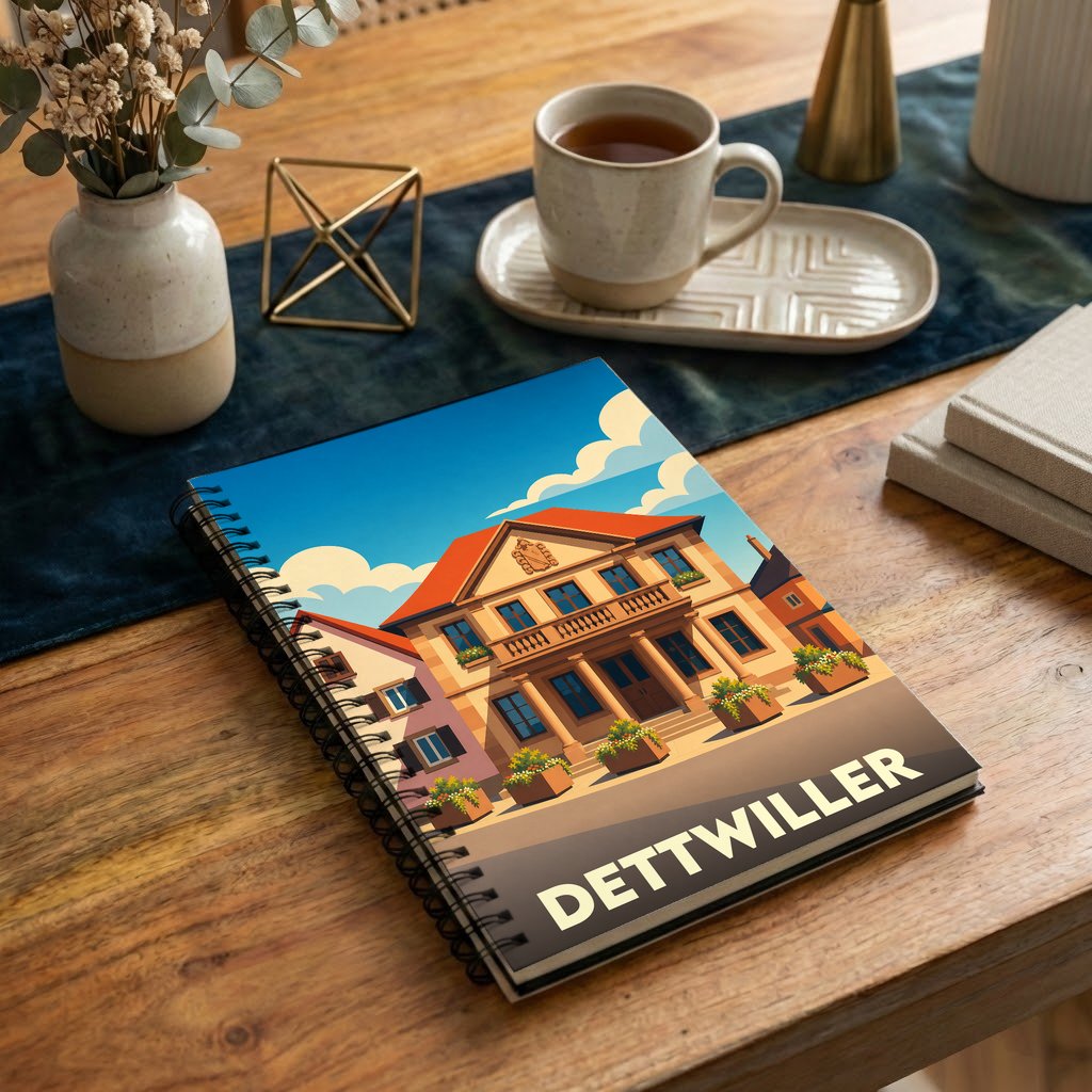 Carnet souvenir à spirale de la ville de Dettwiller avec une illustration stylisée de l'hôtel de ville.