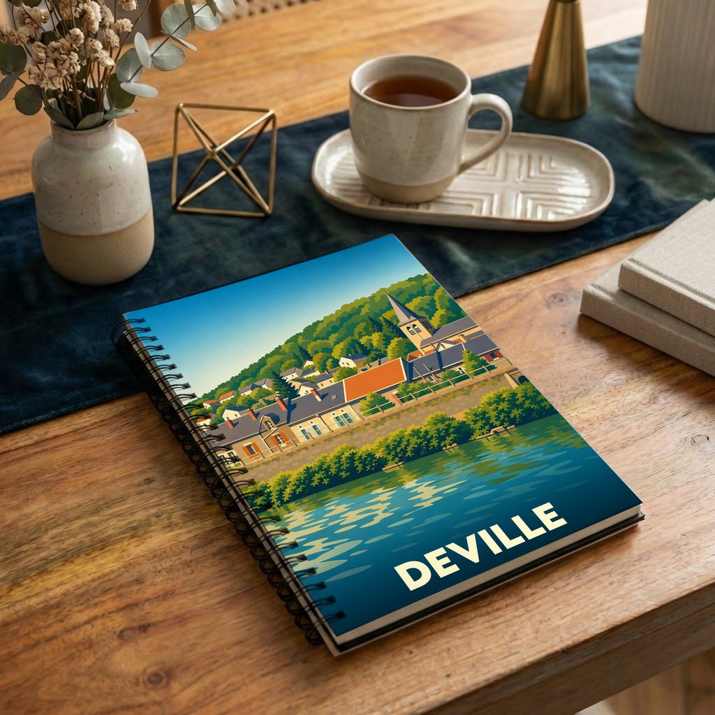 Carnet à spirales souvenir de la ville de Deville avec une illustration stylisée des bords de Meuse.