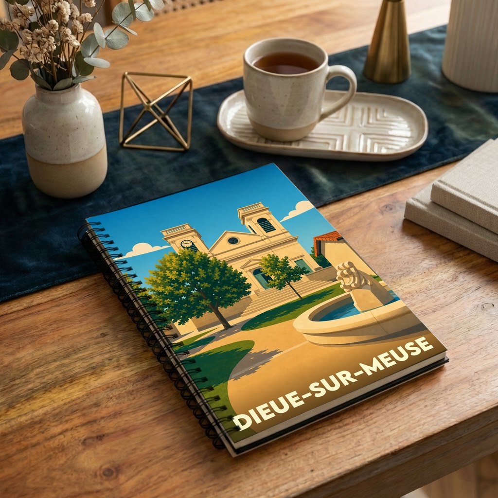 Carnet à spirales souvenir de la ville de Dieue-sur-Meuse avec une illustration colorée et stylisée.