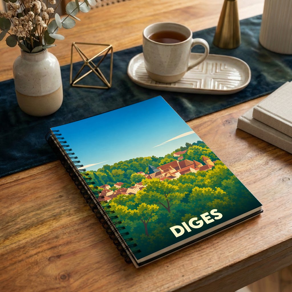 Carnet souvenir de la ville de Diges avec une illustration stylisée de son paysage vallonné.