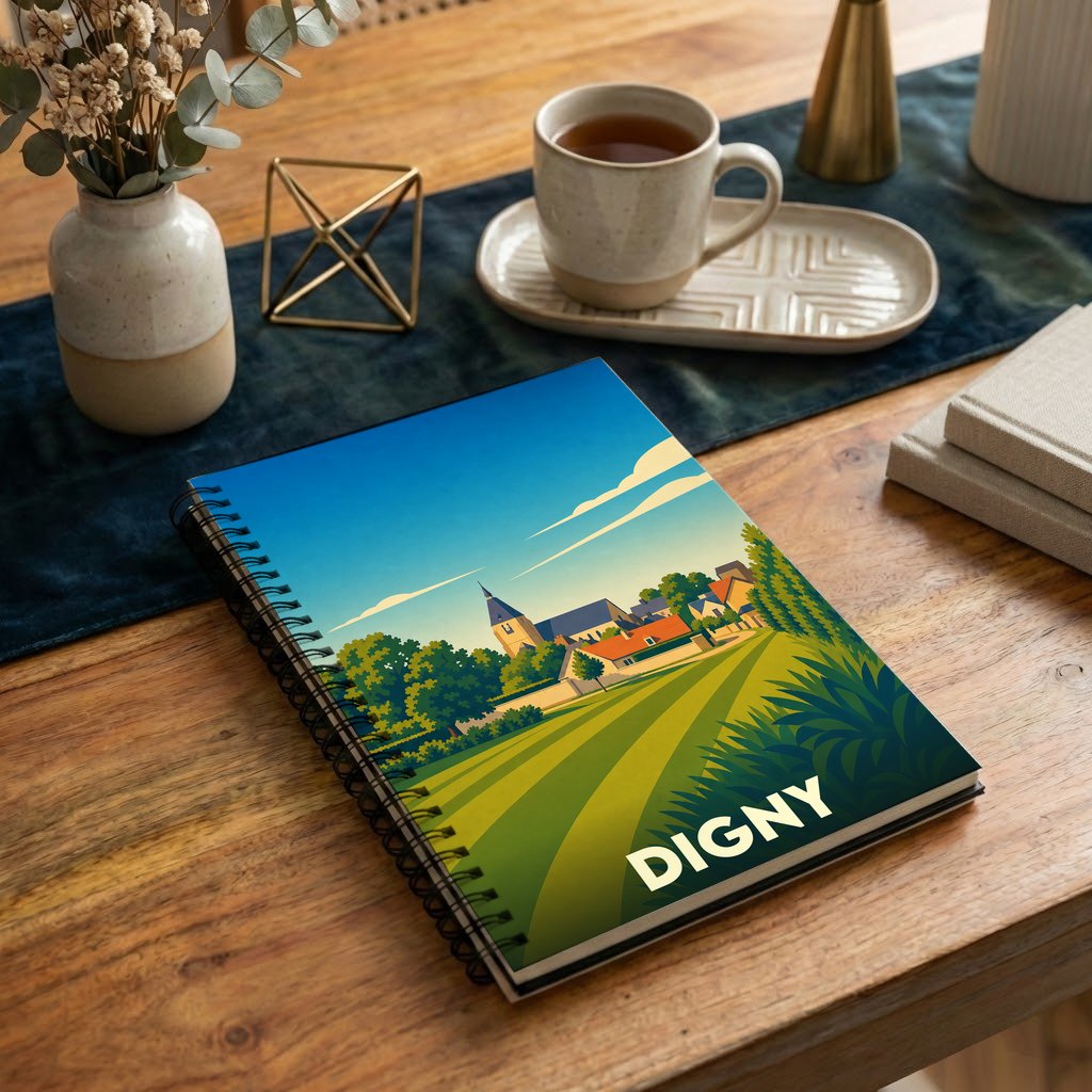 Carnet souvenir de la ville de Digny avec une illustration paysagère stylisée.