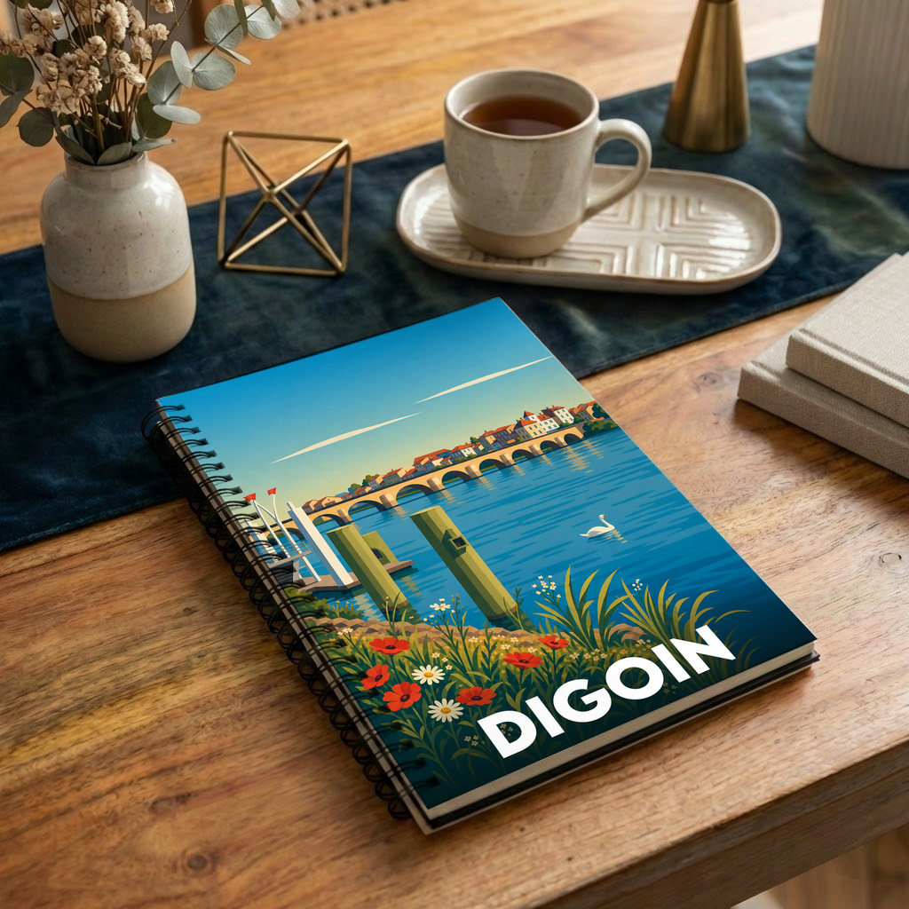 Carnet à spirales souvenir de la ville de Digoin avec une illustration stylisée des bords de Loire.