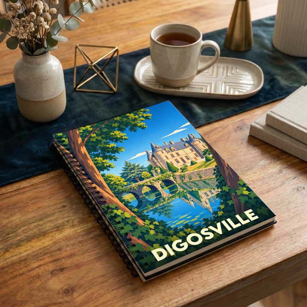 Carnet souvenir de la ville de Digosville avec une illustration stylisée représentant un château au bord de l'eau.