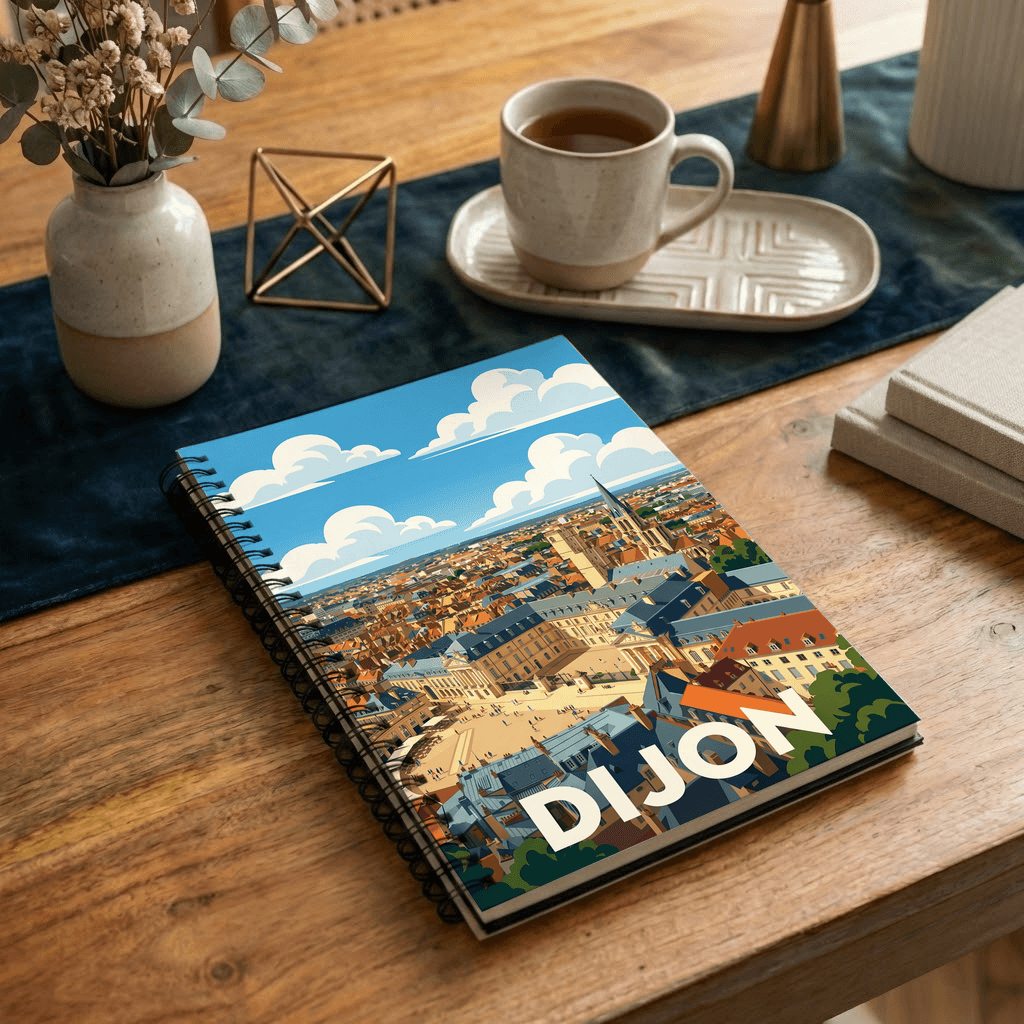 Carnet souvenir de la ville de Dijon avec une illustration stylisée de son paysage urbain.