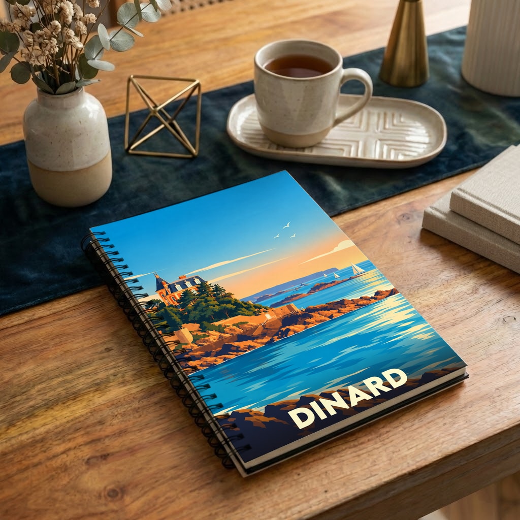 Carnet à spirales souvenir de la ville de Dinard avec une illustration stylisée de sa côte.
