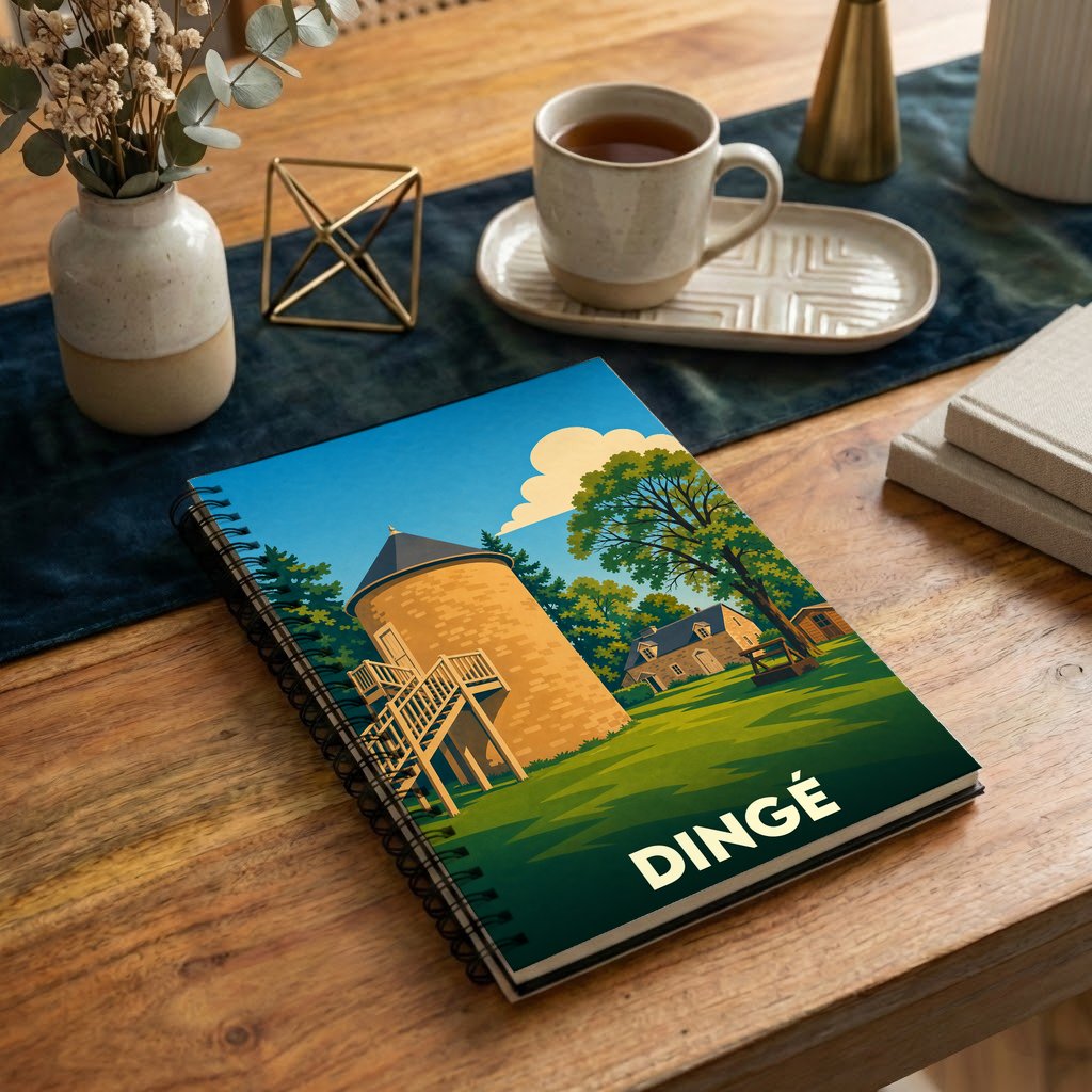 Carnet souvenir de la ville de Dingé avec une illustration stylisée d'un moulin et de son paysage.