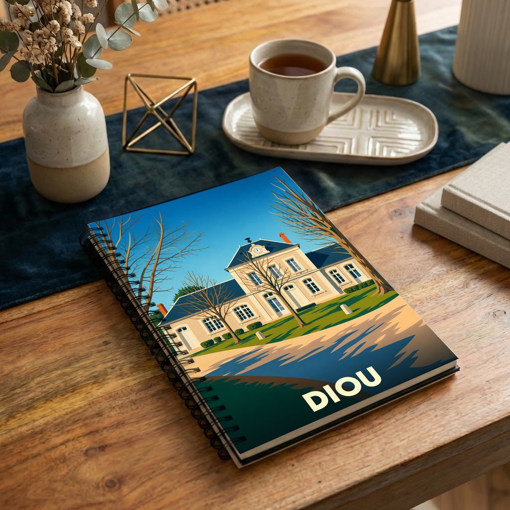 Carnet souvenir de la ville de Diou avec une illustration stylisée de son patrimoine.