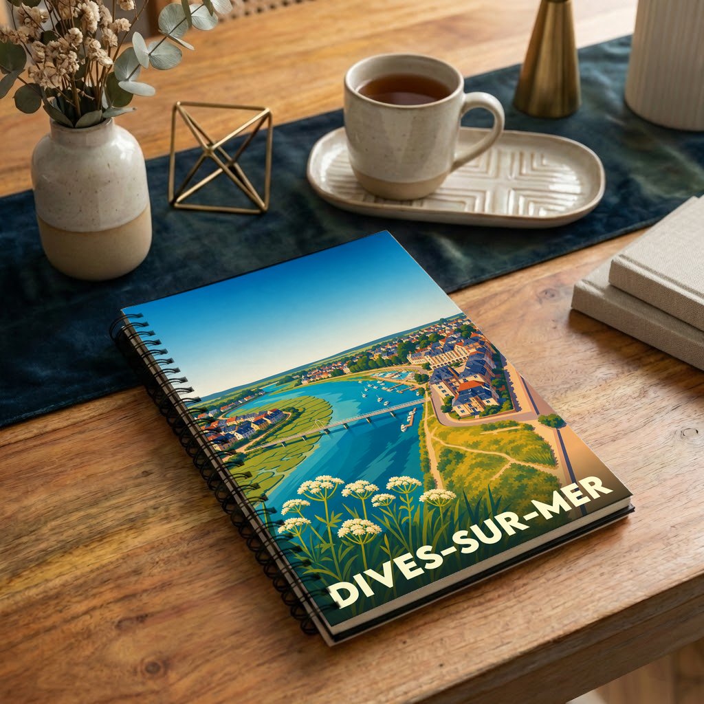 Carnet à spirales souvenir de la ville de Dives-sur-Mer avec une illustration de paysage stylisée.