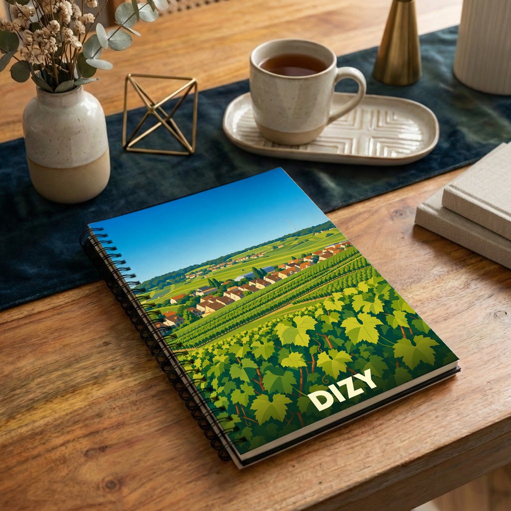 Carnet à spirales souvenir de la ville de Dizy avec une illustration stylisée de son vignoble.
