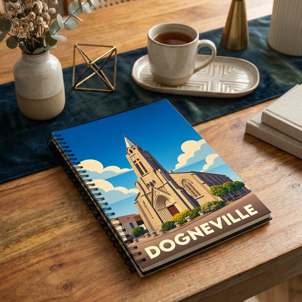 Carnet à spirales souvenir de la ville de Dogneville illustré par une église au style graphique épuré.