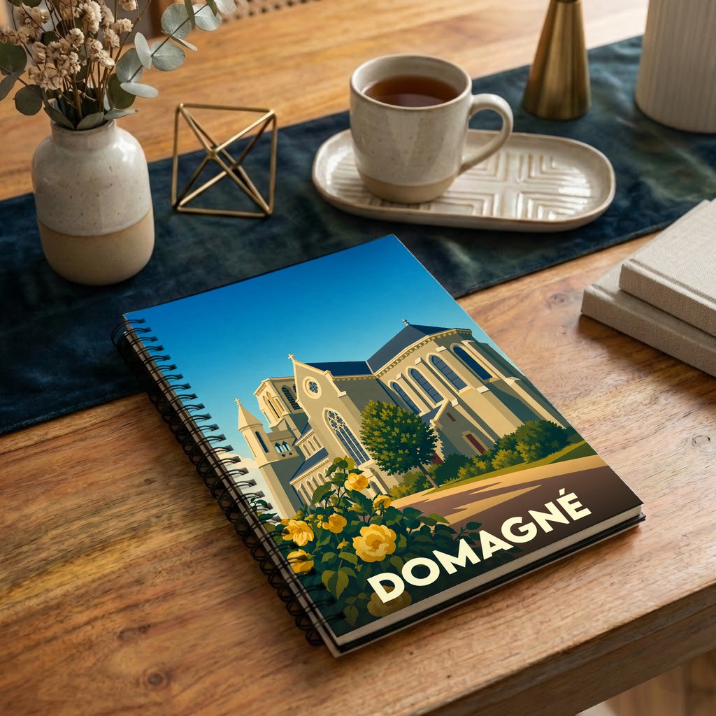 Carnet à spirales souvenir de la ville de Domagné avec une illustration stylisée de son église.