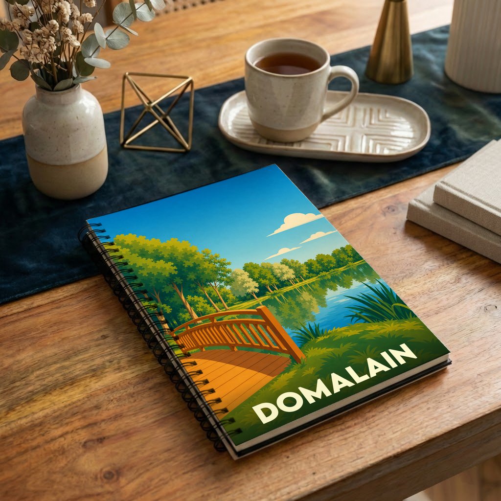 Carnet souvenir de la ville de Domalain illustré d'un paysage de parc avec étang et ponton en bois.