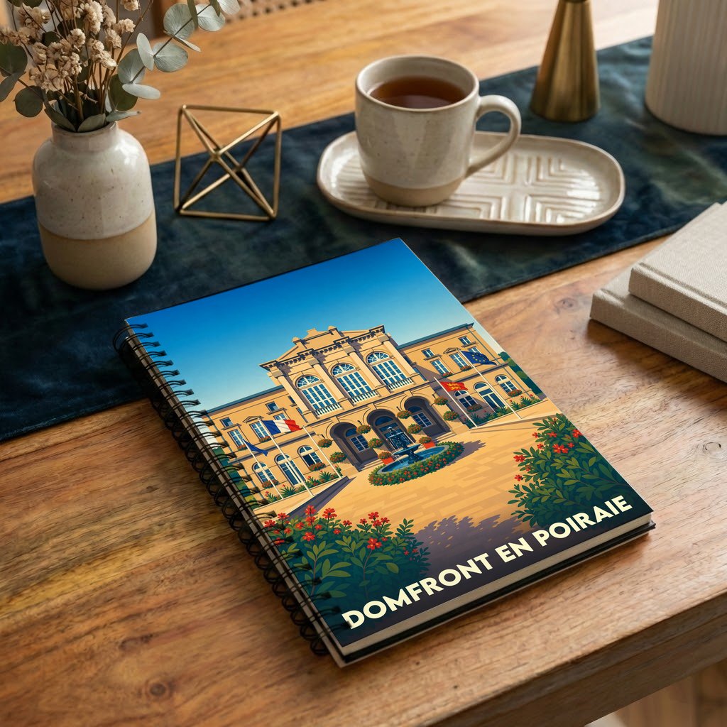 Carnet à spirales souvenir de la ville de Domfront en Poiraie avec une illustration stylisée de son hôtel de ville.