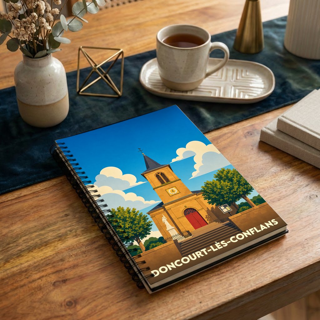 Carnet à spirales souvenir de la ville de Doncourt-lès-Conflans avec une illustration stylisée de son église.