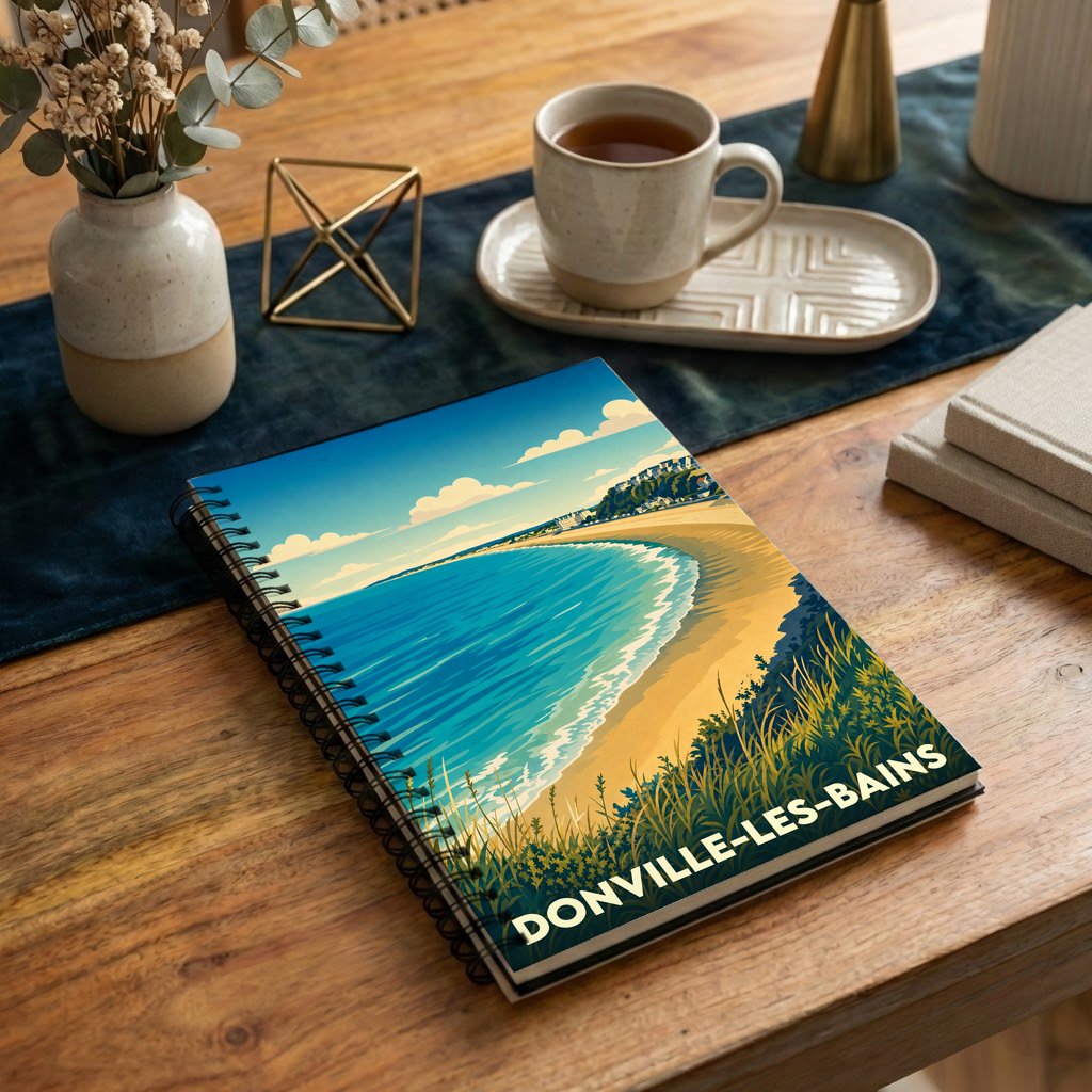 Carnet souvenir de la ville de Donville-les-Bains avec une illustration stylisée d'une plage vue de dessus.
