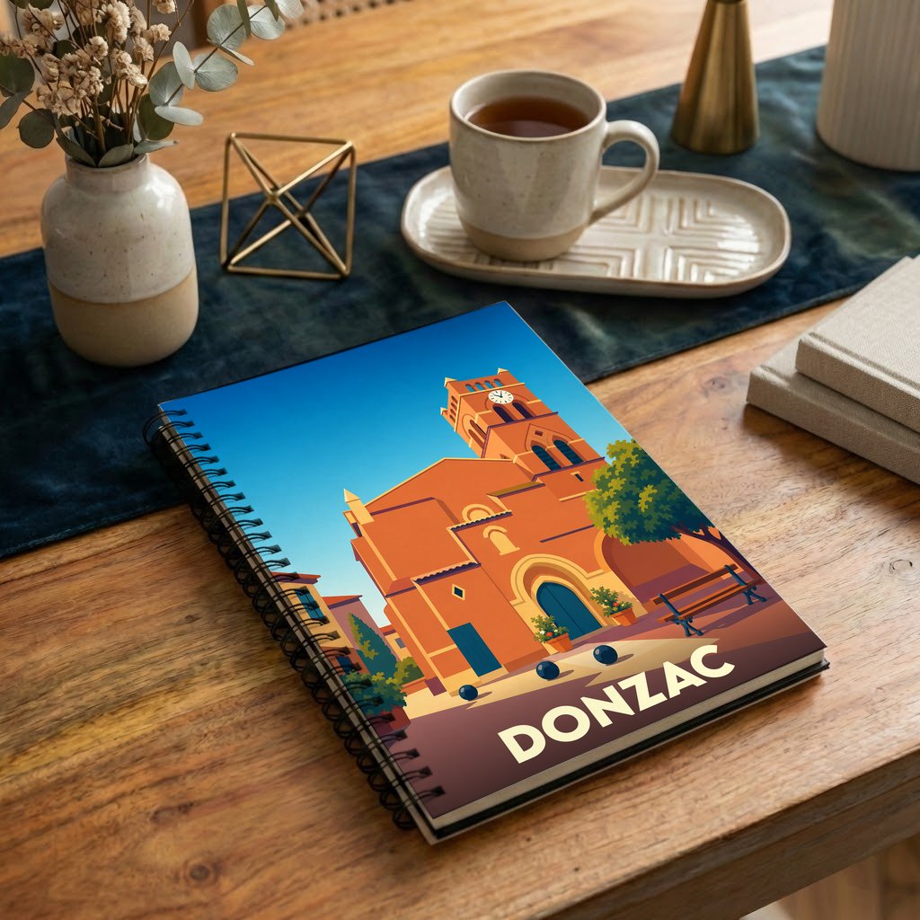 Carnet souvenir de la ville de Donzac avec une illustration stylisée de son église.