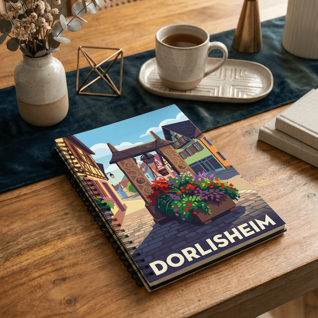 Carnet de notes souvenir de la ville de Dorlisheim avec une illustration stylisée.
