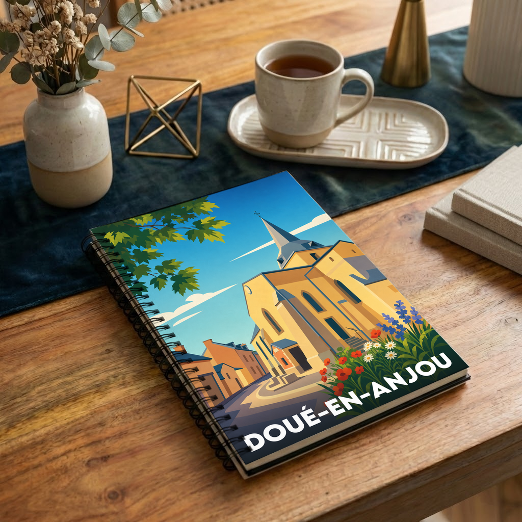 Carnet à spirales souvenir de la ville de Doué-en-Anjou avec une illustration stylisée.