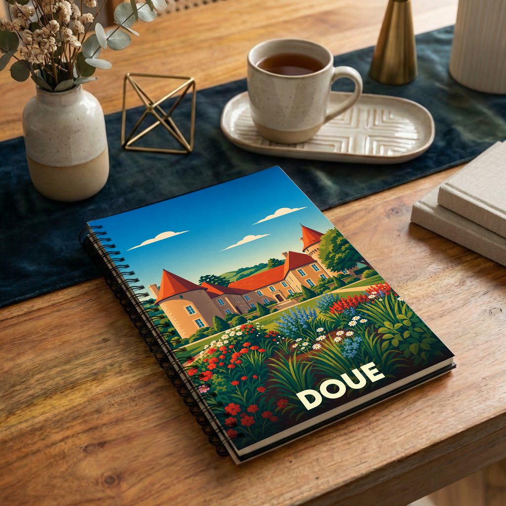 Carnet à spirales souvenir de la ville de Doue avec une illustration stylisée de son château et de ses jardins.