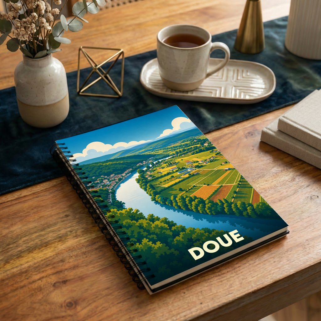 Carnet à spirales souvenir de la ville de Doue avec une illustration stylisée d'un paysage fluvial.