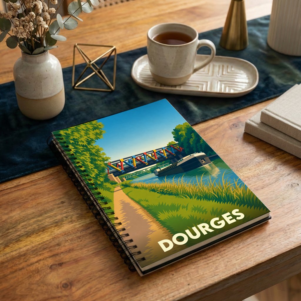 Carnet souvenir de la ville de Dourges avec une illustration stylisée d'un canal et de son pont coloré.