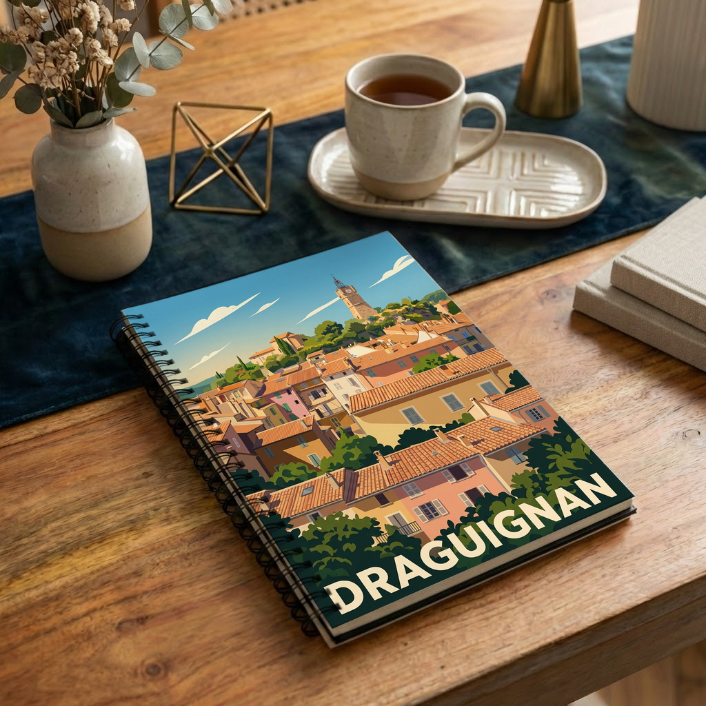 Carnet souvenir de la ville de Draguignan avec une illustration stylisée de ses toits provençaux et de sa tour.