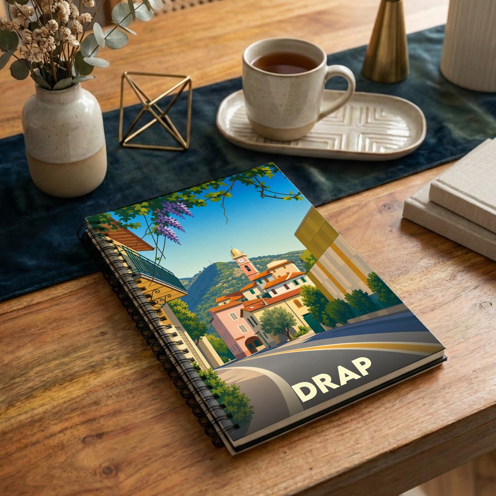 Carnet de notes souvenir de la ville de Drap avec une illustration stylisée.