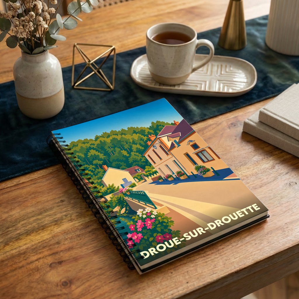 Carnet à spirales souvenir de la ville de Droue-sur-Drouette avec une illustration stylisée et colorée.