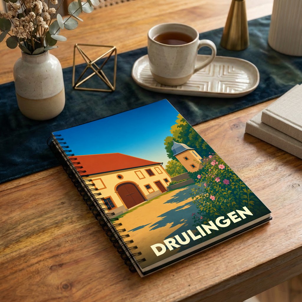 Carnet souvenir de la ville de Drulingen illustré par un dessin stylisé de son patrimoine.