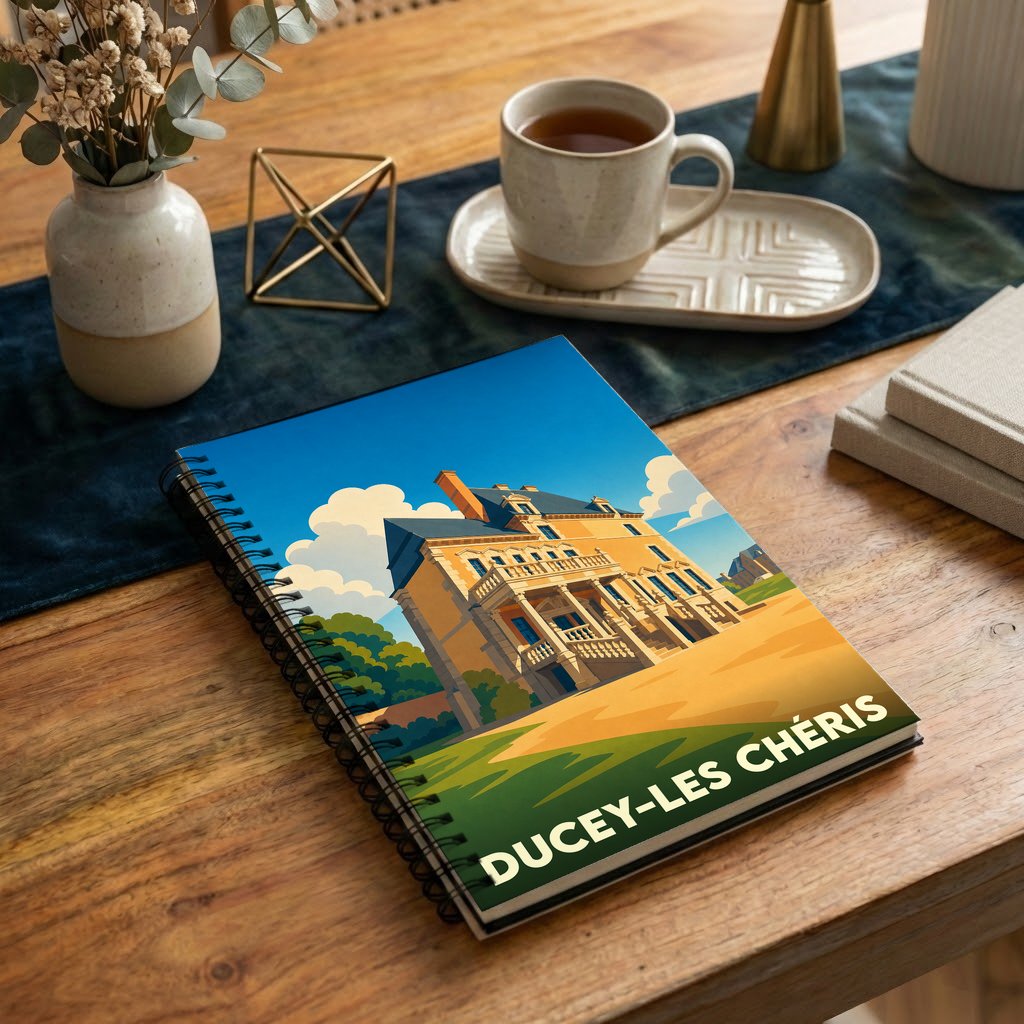 Carnet de notes à spirales souvenir de la ville de Ducey-Les Chéris avec une illustration stylisée de château.