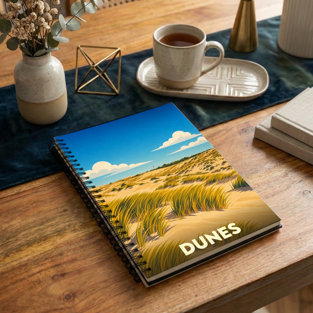 Carnet à spirales souvenir de la ville de Dunes avec une illustration stylisée de paysages dunaires.