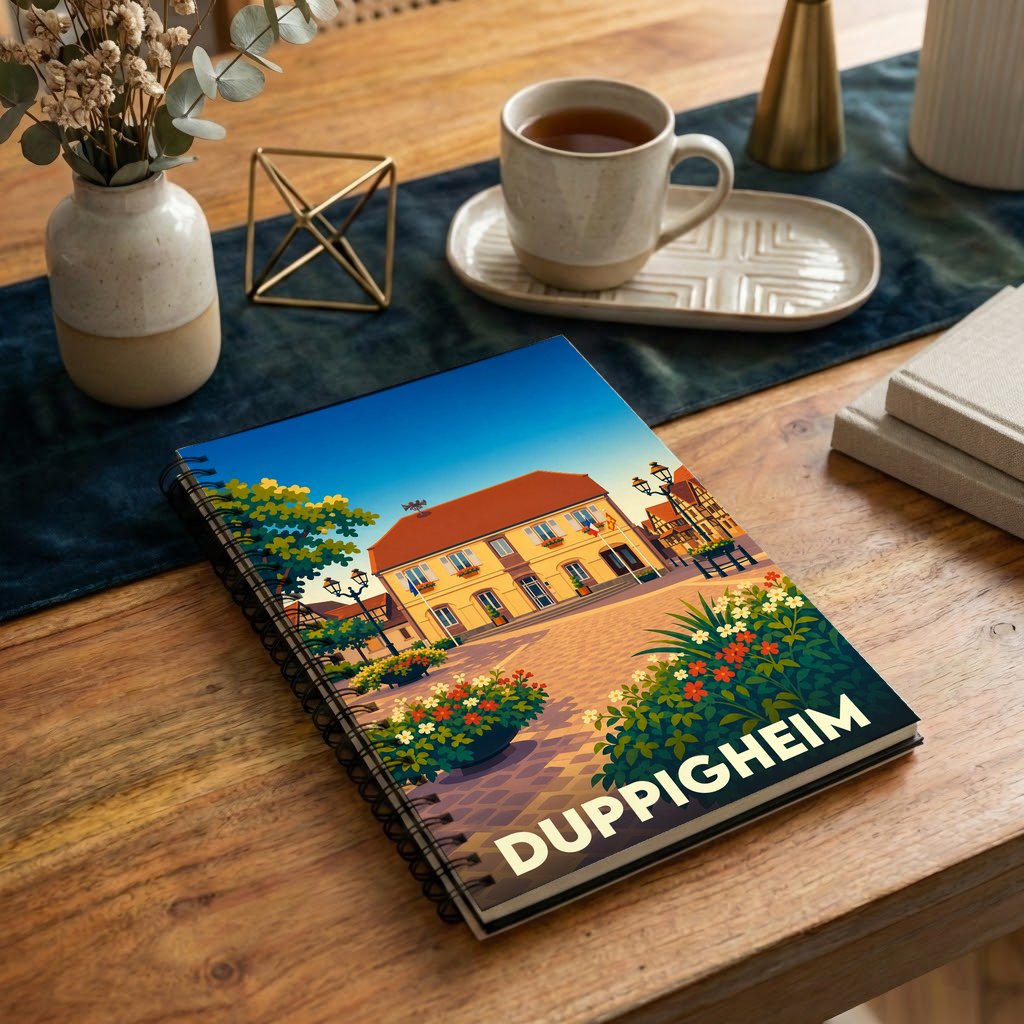 Carnet à spirales souvenir de la ville de Duppigheim avec une illustration stylisée de son hôtel de ville fleuri.