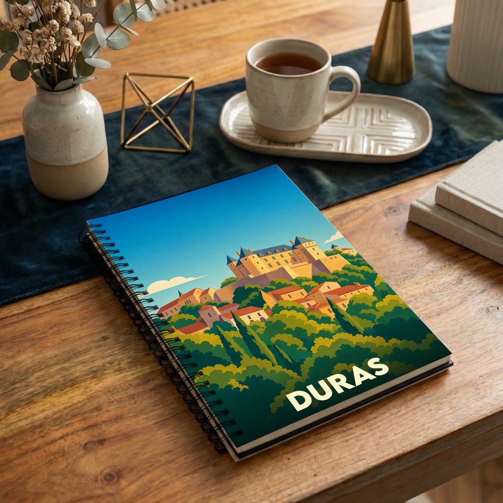 Carnet souvenir de la ville de Duras avec une illustration stylisée de son château et de ses paysages.