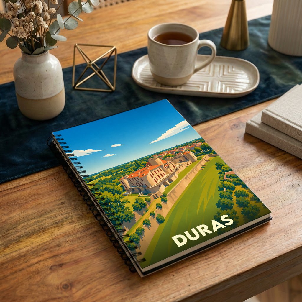 Carnet souvenir de la ville de Duras avec une illustration stylisée de son château.