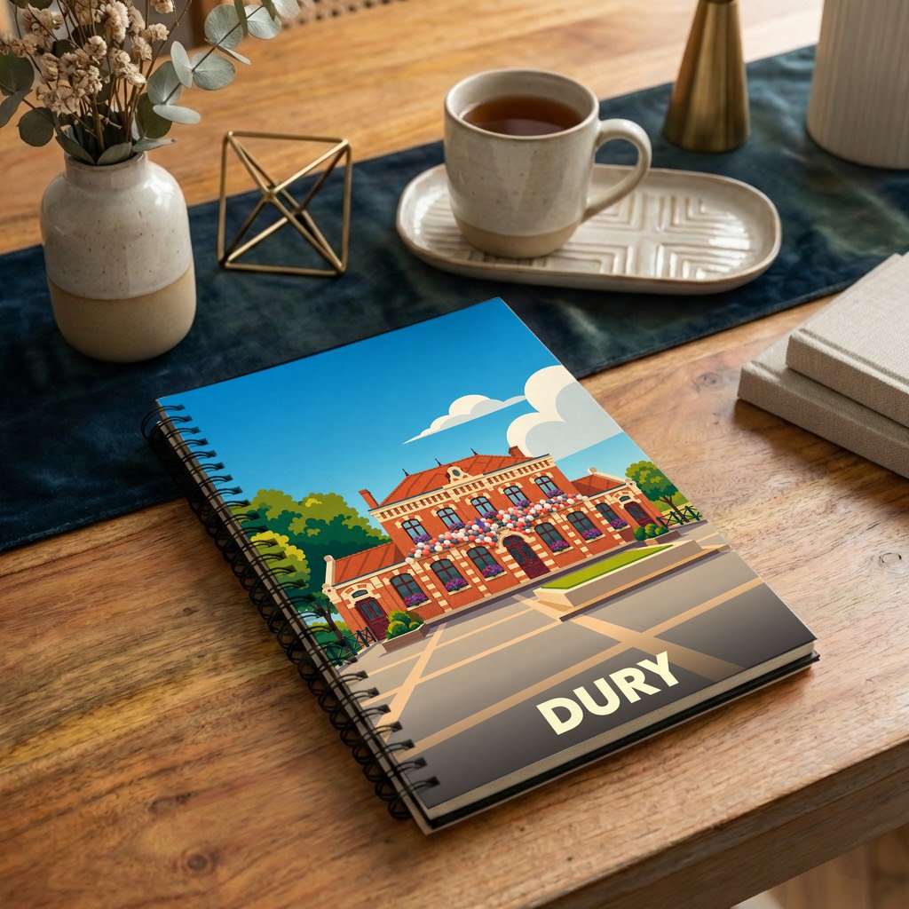 Carnet à spirales souvenir de la ville de Dury avec une illustration stylisée de son hôtel de ville.