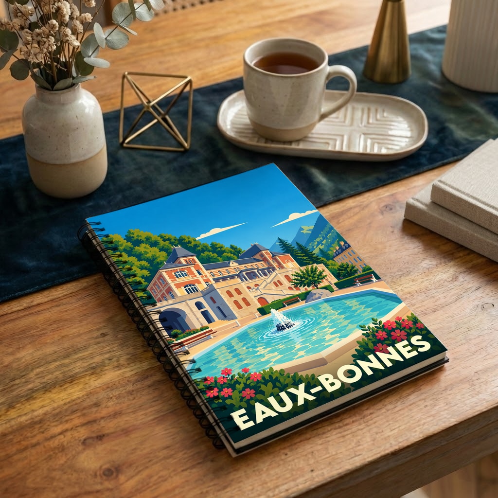 Carnet souvenir de la ville de Eaux-Bonnes illustré d'une scène de parc avec fontaine et architecture classique.