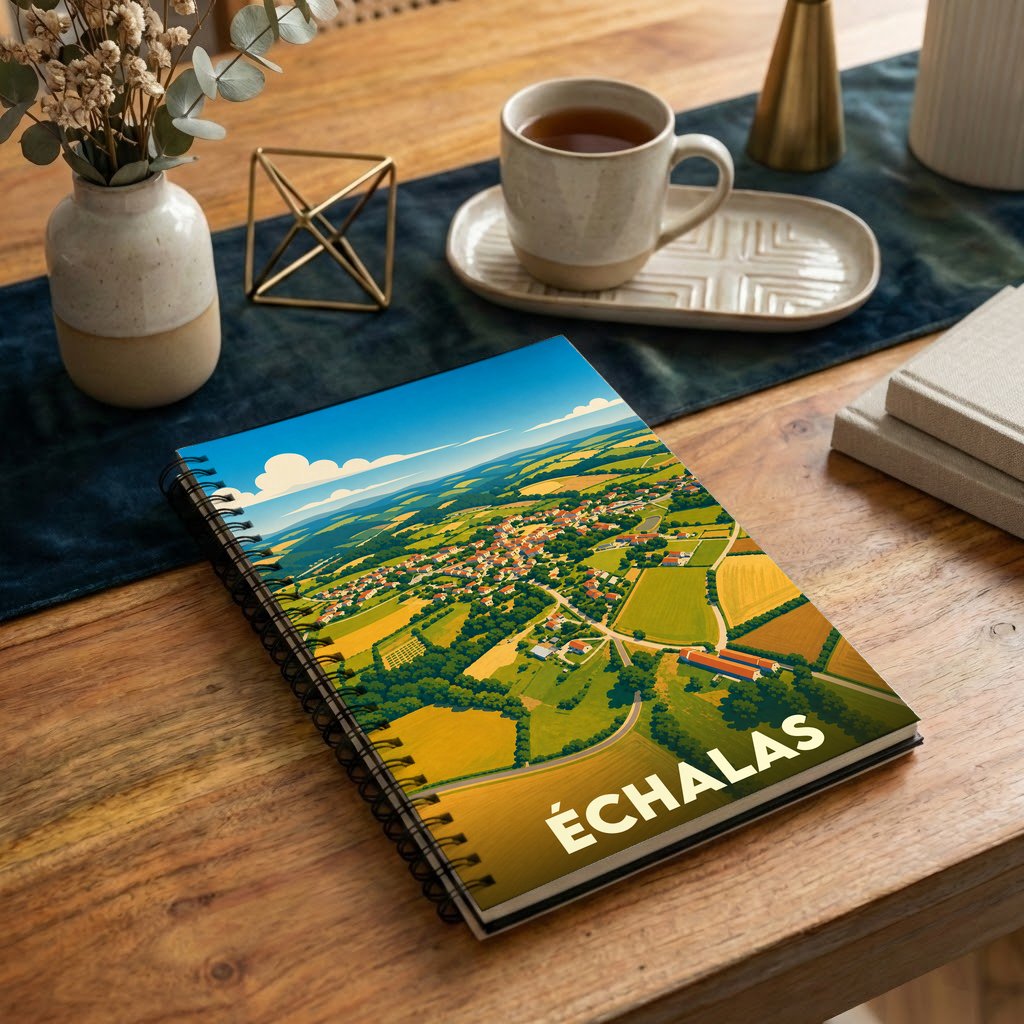 Carnet souvenir de la ville d'Échalas avec une illustration stylisée de son paysage rural.