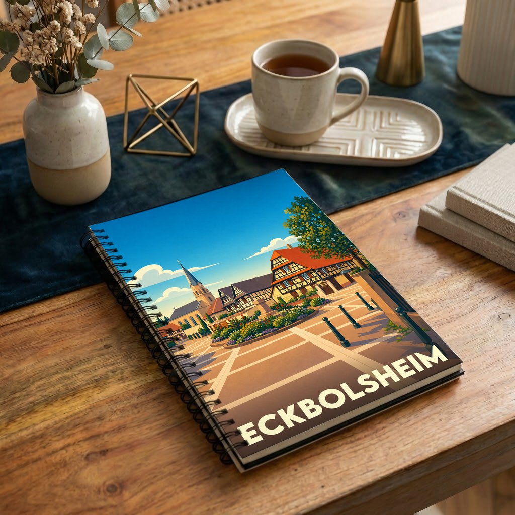 Carnet souvenir de la ville d'Eckbolsheim avec une illustration stylisée de sa place centrale.